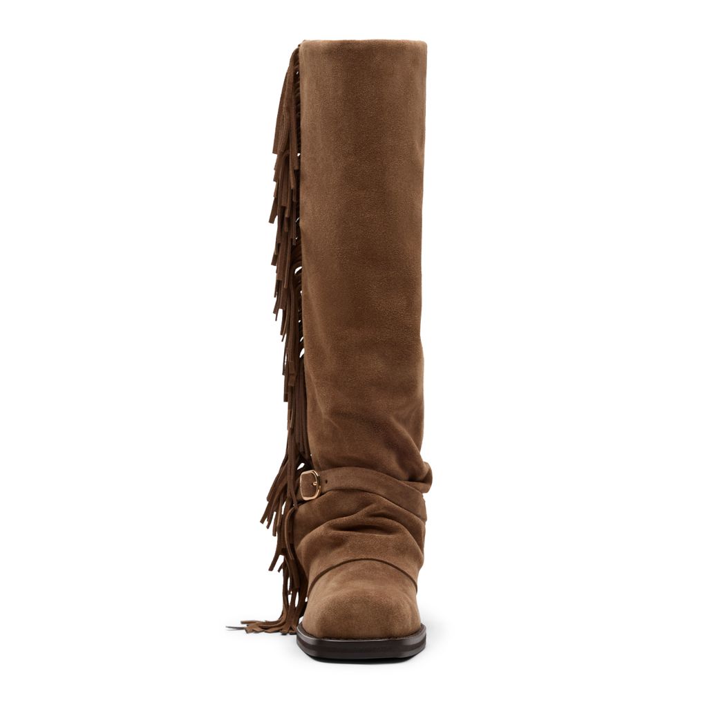 Beige suède laarzen met flap en franjes
