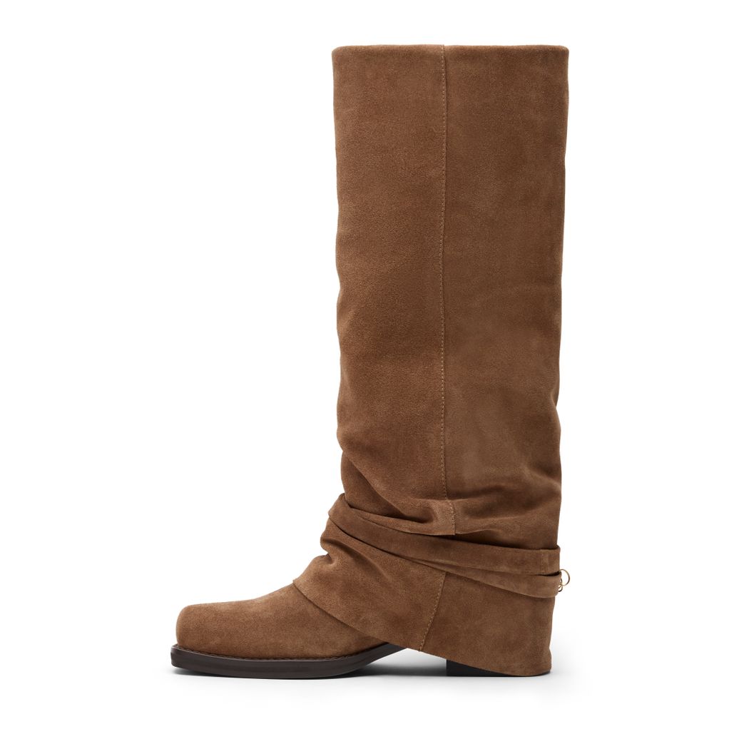 Beigefarbene Velourslederstiefel mit Fransen und Umschlag