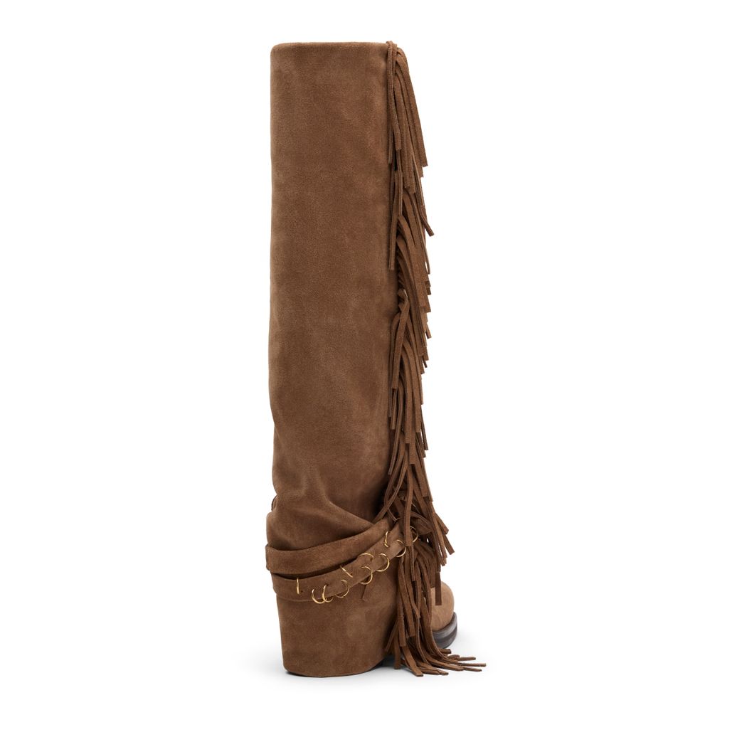 Beigefarbene Velourslederstiefel mit Fransen und Umschlag