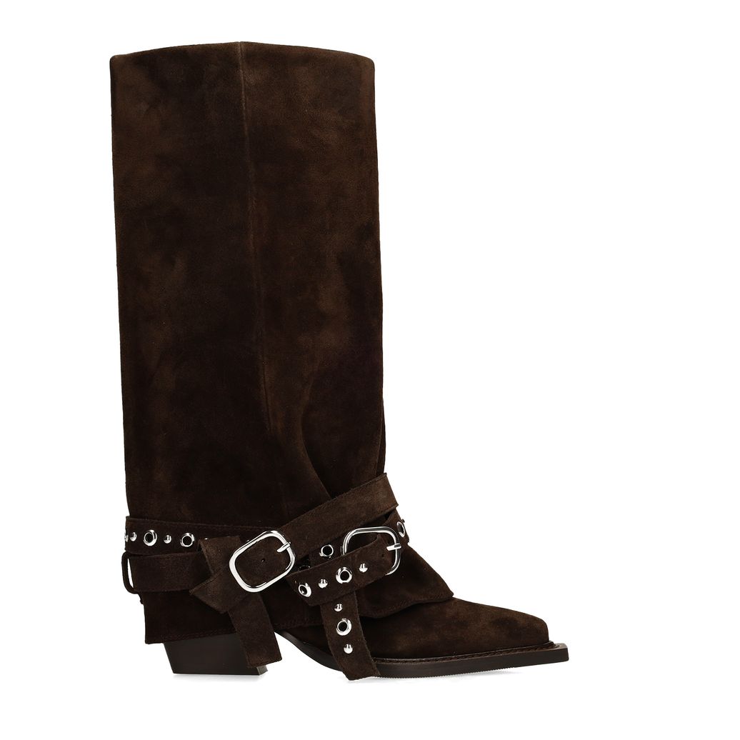 Dunkelbraune Veloursleder-Cowboystiefel mit Schnallen