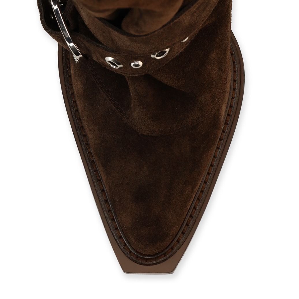 Dunkelbraune Veloursleder-Cowboystiefel mit Schnallen
