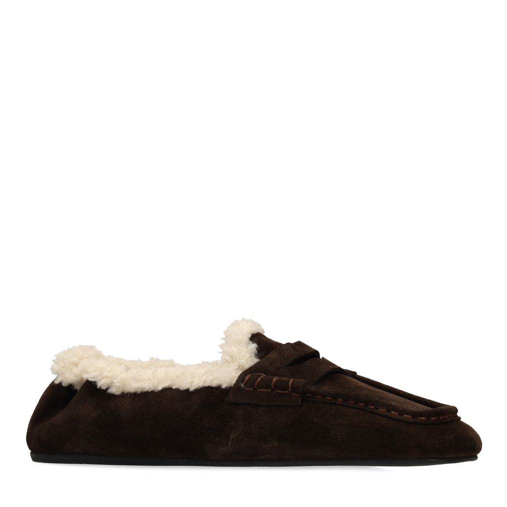 Dunkelbraune Veloursleder-Loafer mit Kunstfellfutter