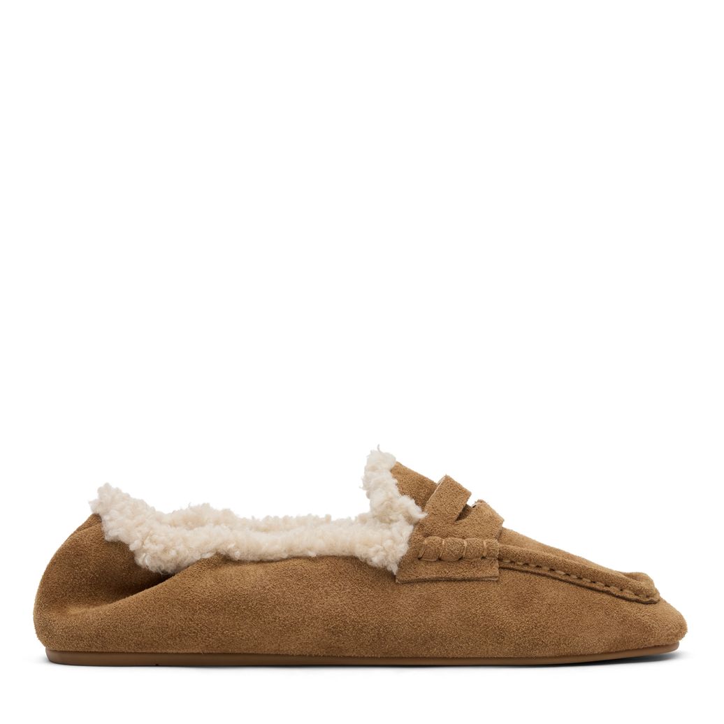 Beigefarbene Veloursleder-Loafer mit Kunstfellfutter