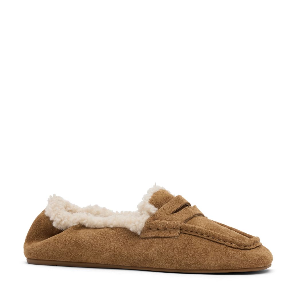 Beigefarbene Veloursleder-Loafer mit Kunstfellfutter