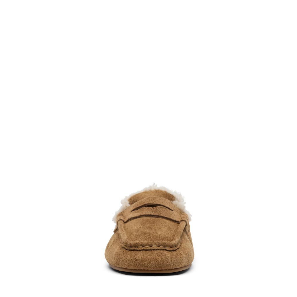 Beigefarbene Veloursleder-Loafer mit Kunstfellfutter
