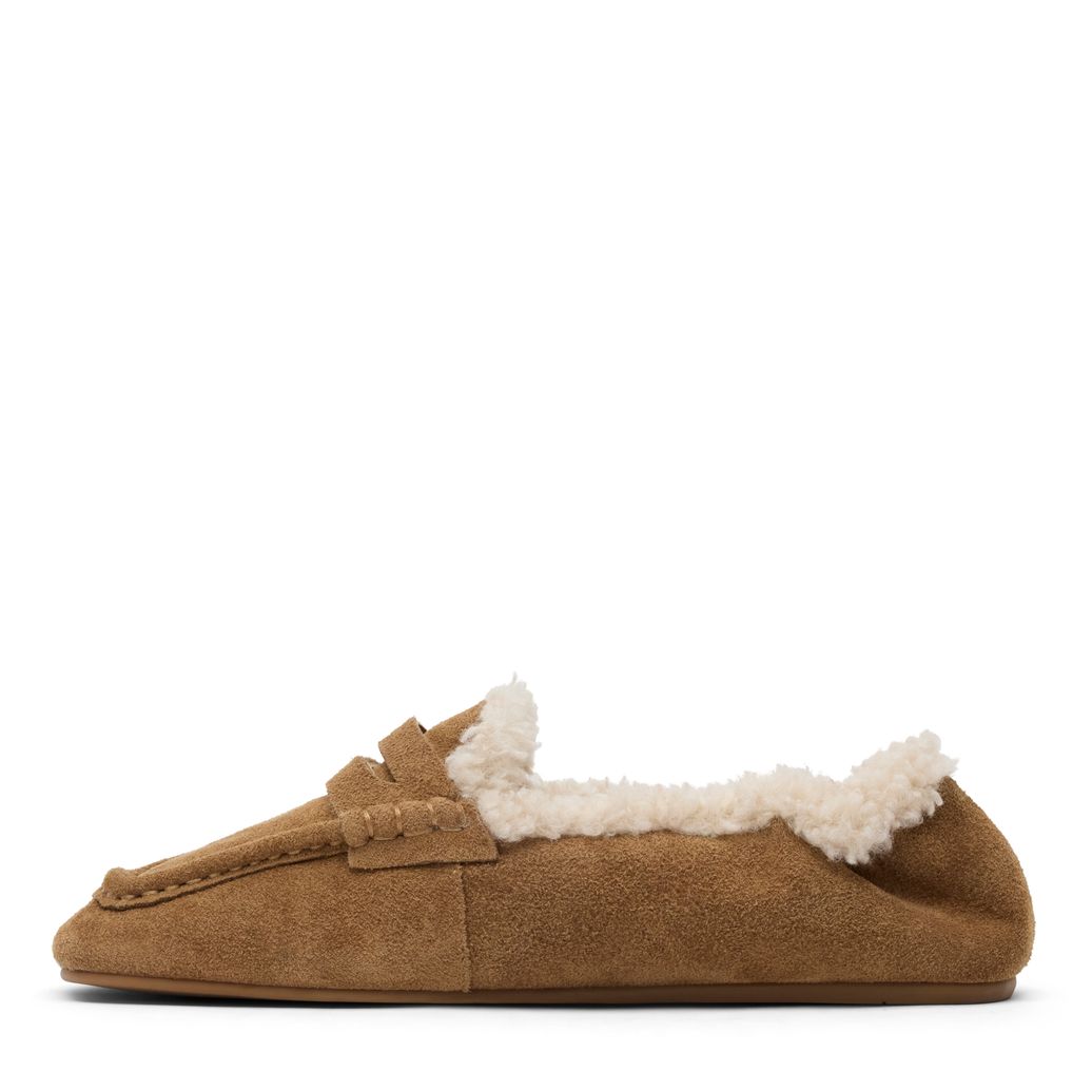 Beigefarbene Veloursleder-Loafer mit Kunstfellfutter