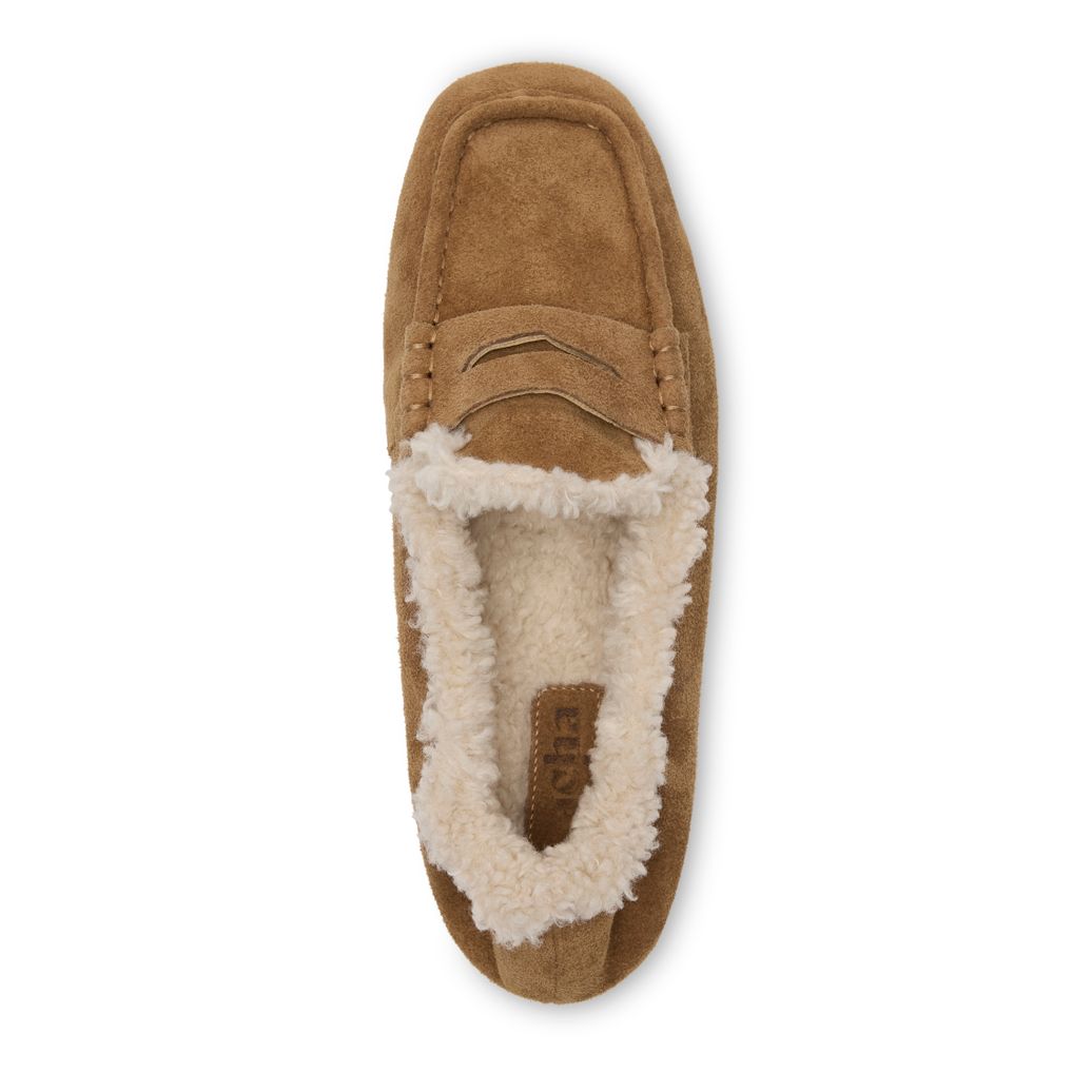 Beigefarbene Veloursleder-Loafer mit Kunstfellfutter