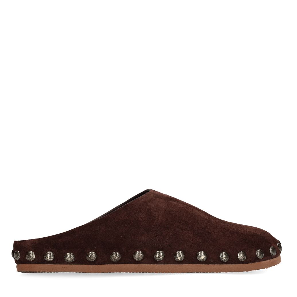 Dunkelbraune Veloursleder-Clogs mit Nieten