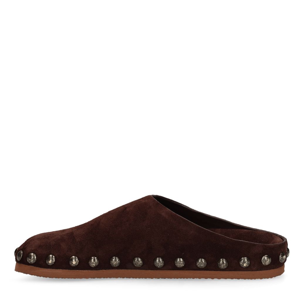 Dunkelbraune Veloursleder-Clogs mit Nieten
