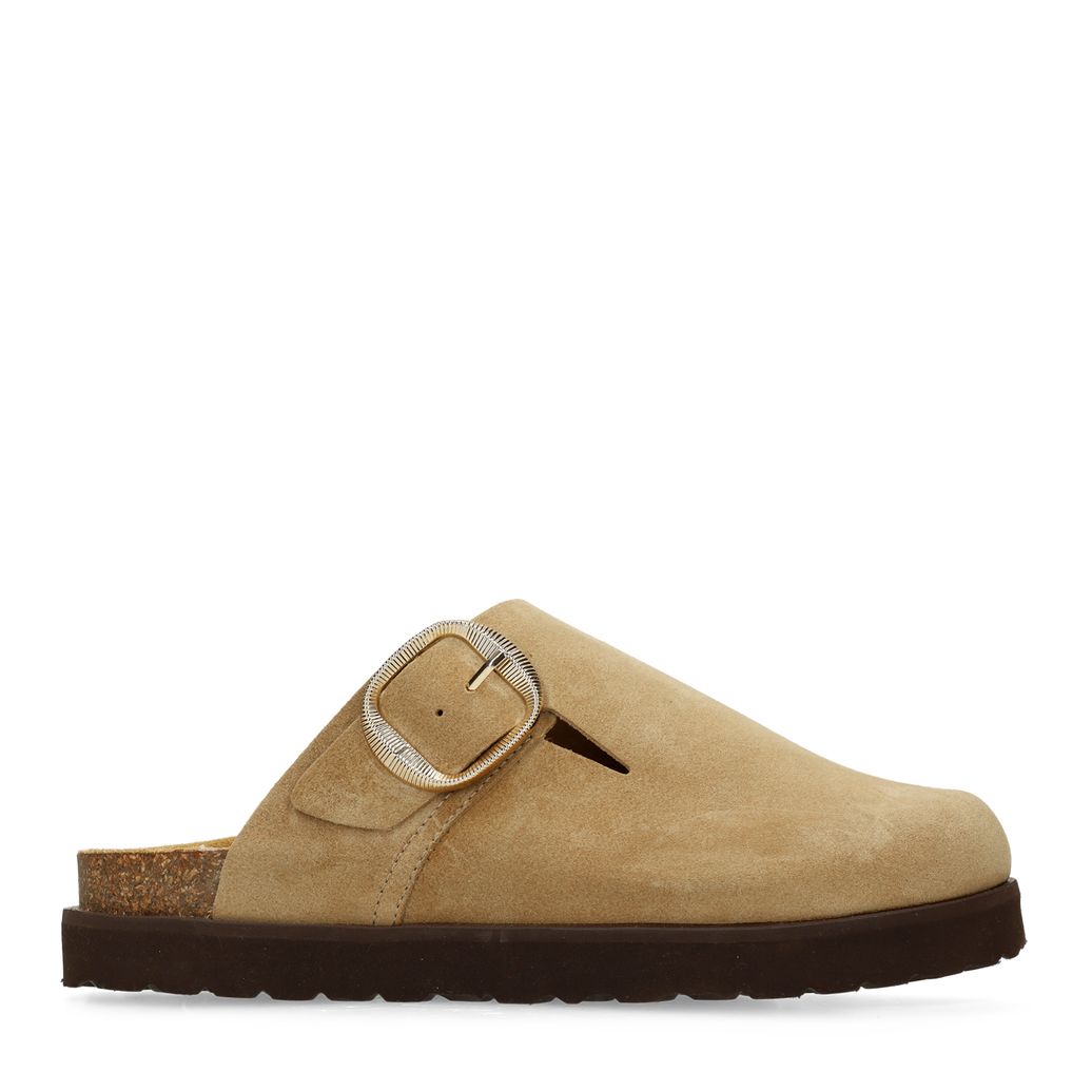 Taupe suède clogs met gesp