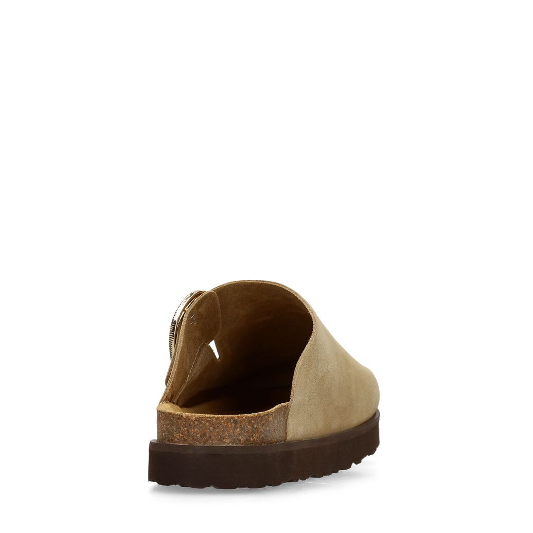 Taupefarbene Veloursleder-Clogs mit Schnalle