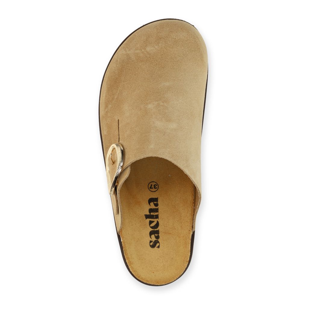 Taupefarbene Veloursleder-Clogs mit Schnalle