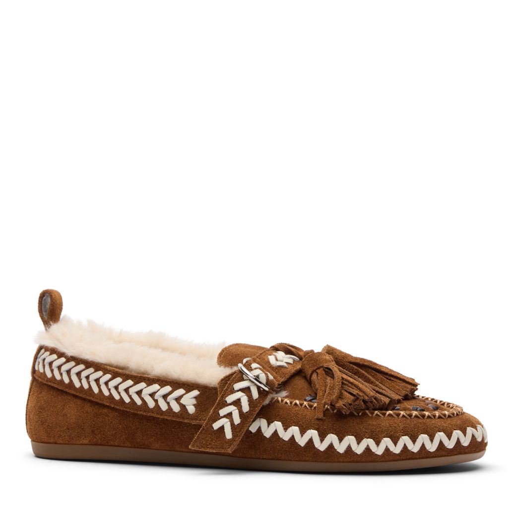 Cognacfarbene Veloursleder-Loafer mit Kunstfellfutter