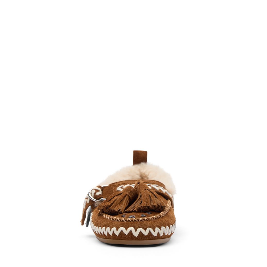 Cognacfarbene Veloursleder-Loafer mit Kunstfellfutter