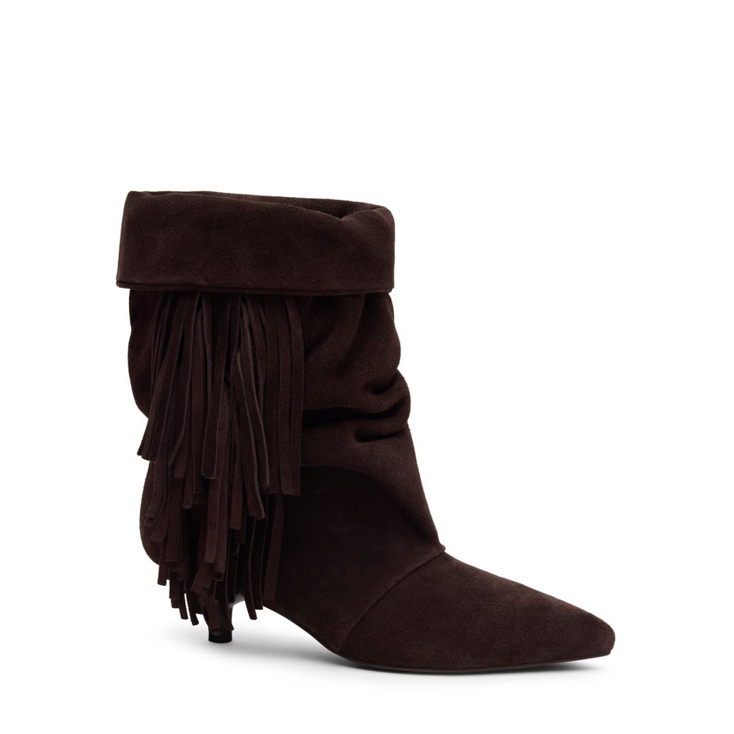 Dunkelbraune Slouchy Boots aus Veloursleder mit Fransen