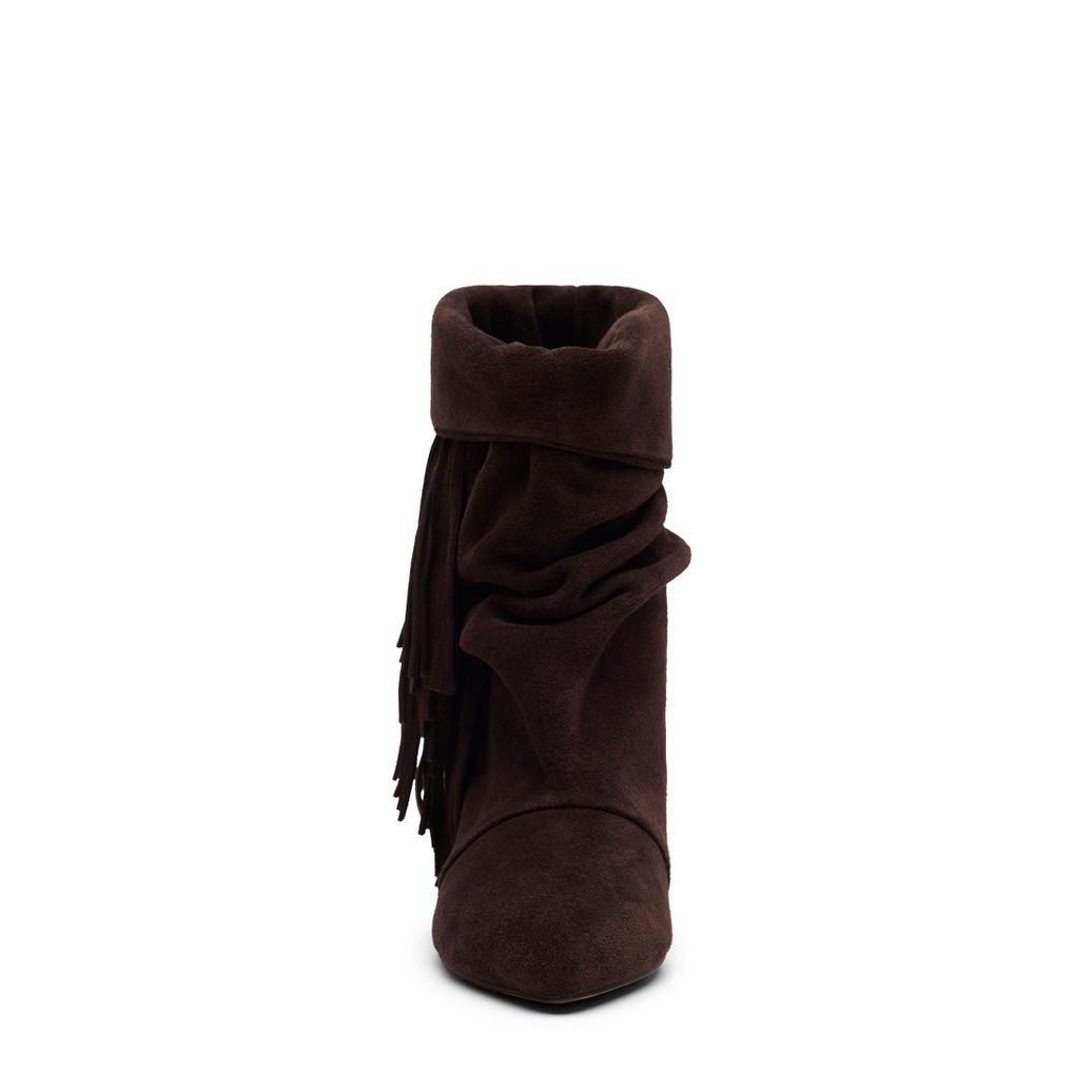 Dunkelbraune Slouchy Boots aus Veloursleder mit Fransen