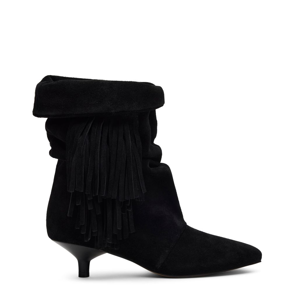 Schwarze Slouchy Boots aus Veloursleder mit Fransen