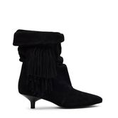 Schwarze Slouchy Boots aus Veloursleder mit Fransen