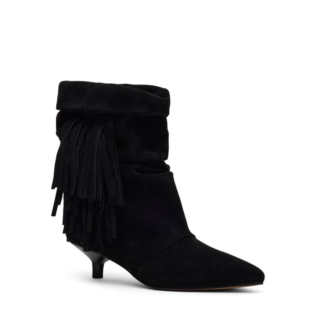 Schwarze Slouchy Boots aus Veloursleder mit Fransen