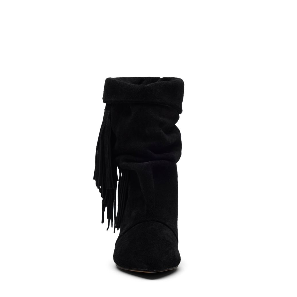 Schwarze Slouchy Boots aus Veloursleder mit Fransen