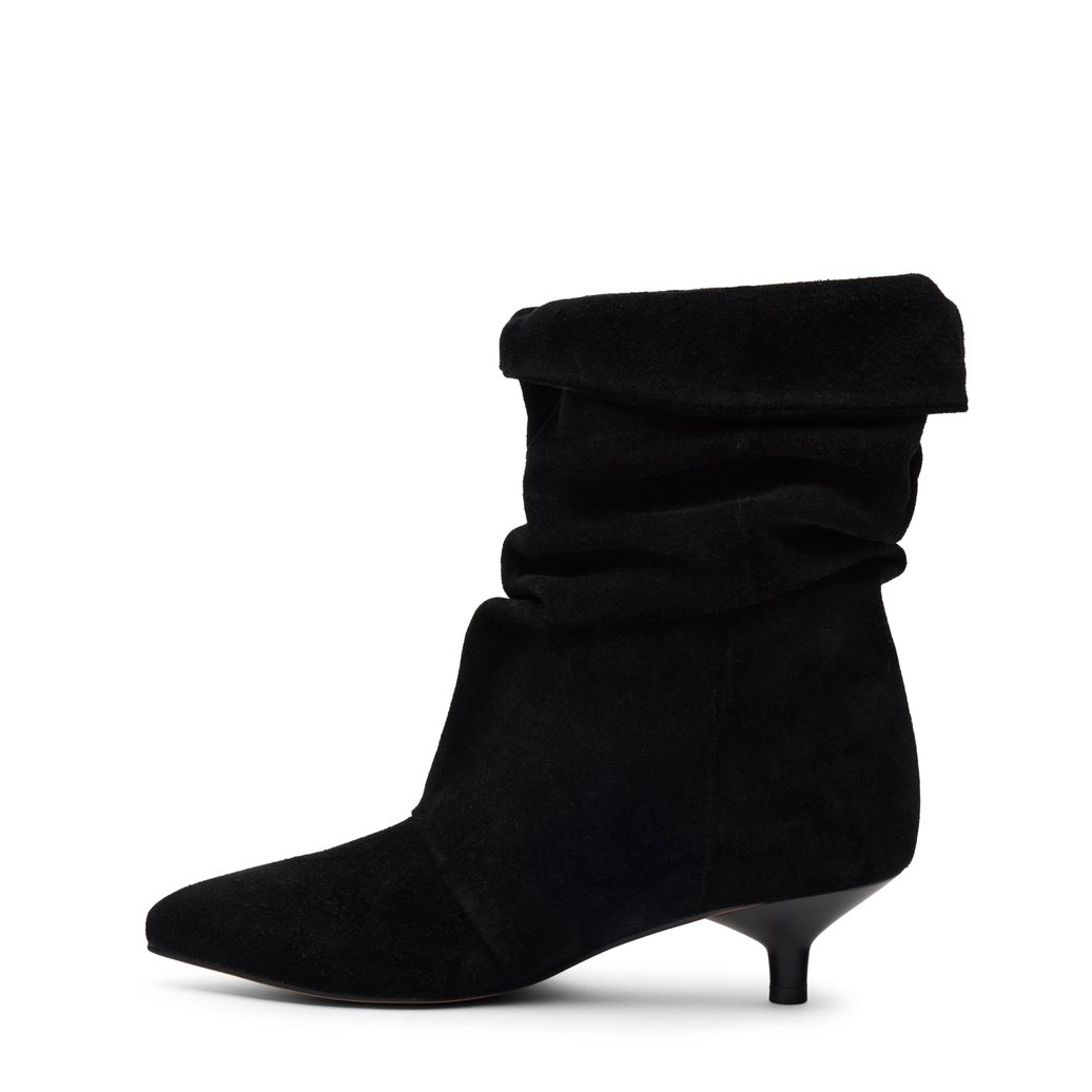 Schwarze Slouchy Boots aus Veloursleder mit Fransen