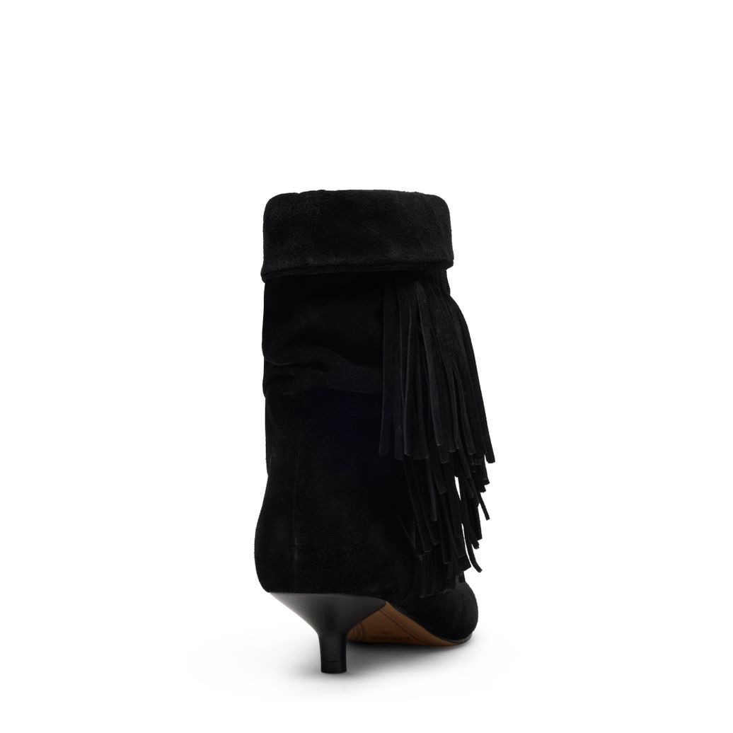 Schwarze Slouchy Boots aus Veloursleder mit Fransen