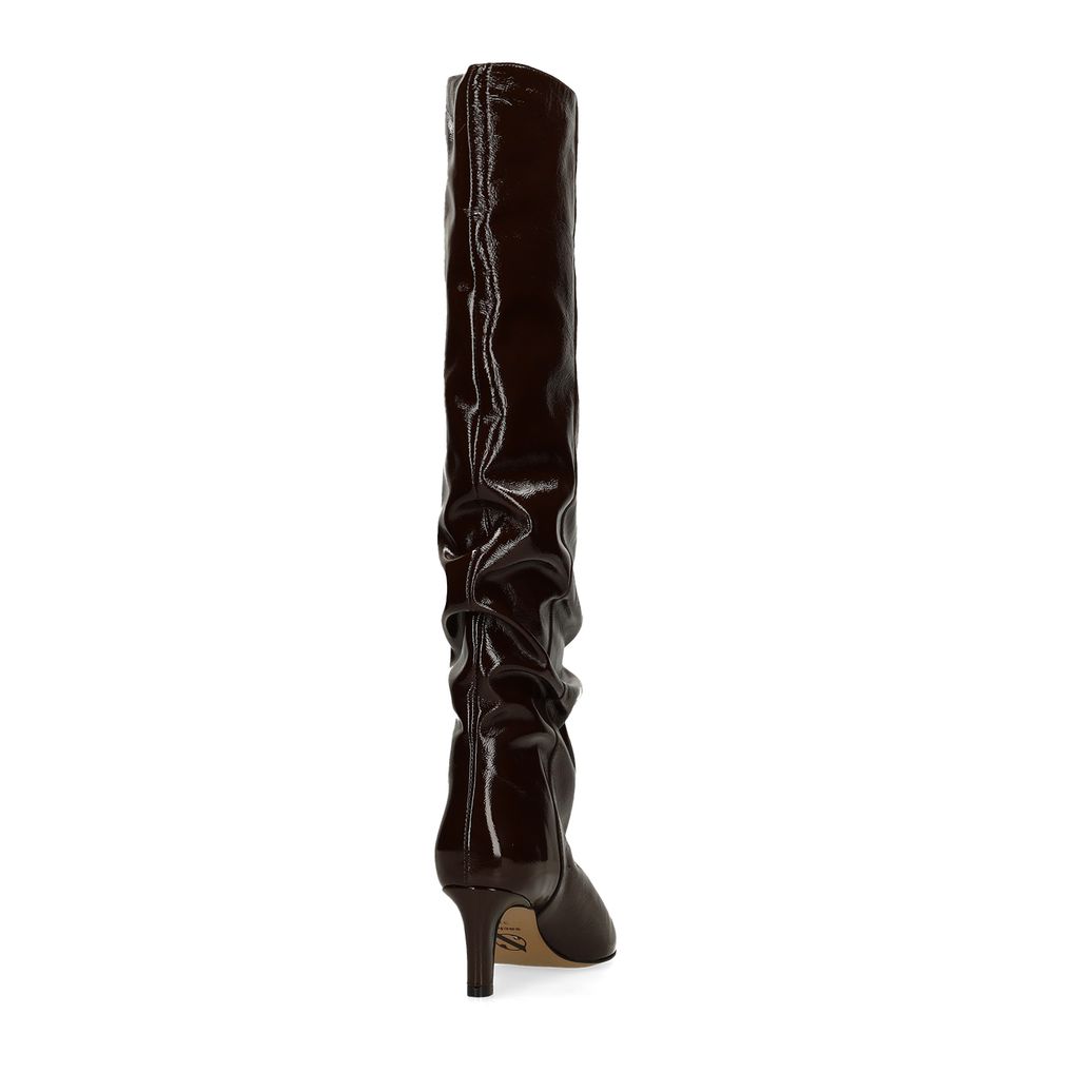 Bottes hautes en cuir verni marron foncé