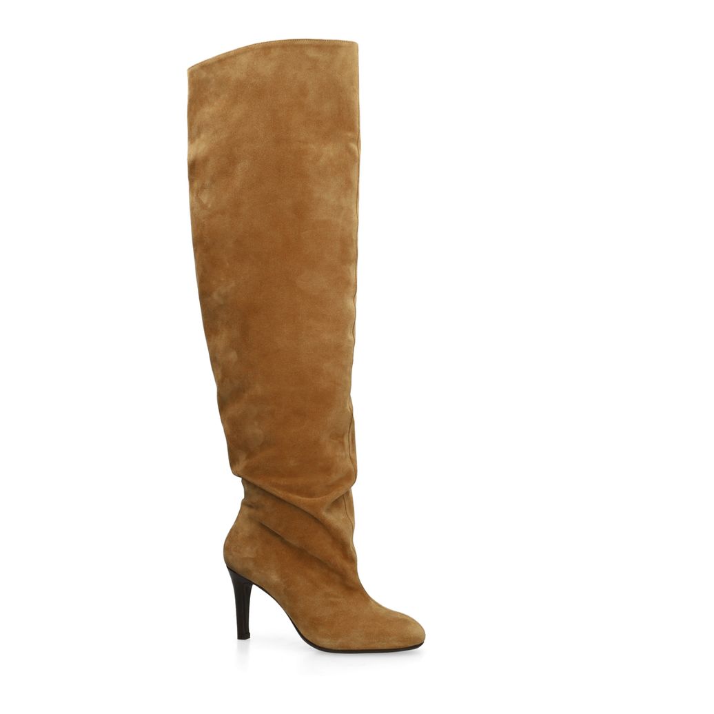Beige suède hoge laarzen met hak