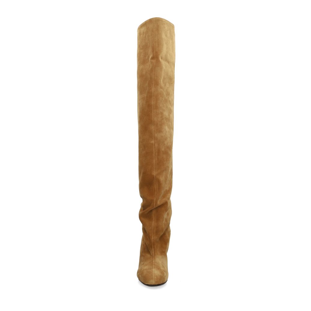 Beigefarbene Veloursleder-Stiefel mit Absatz