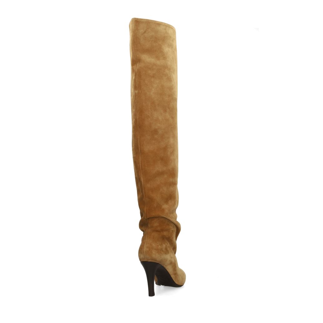 Beigefarbene Veloursleder-Stiefel mit Absatz