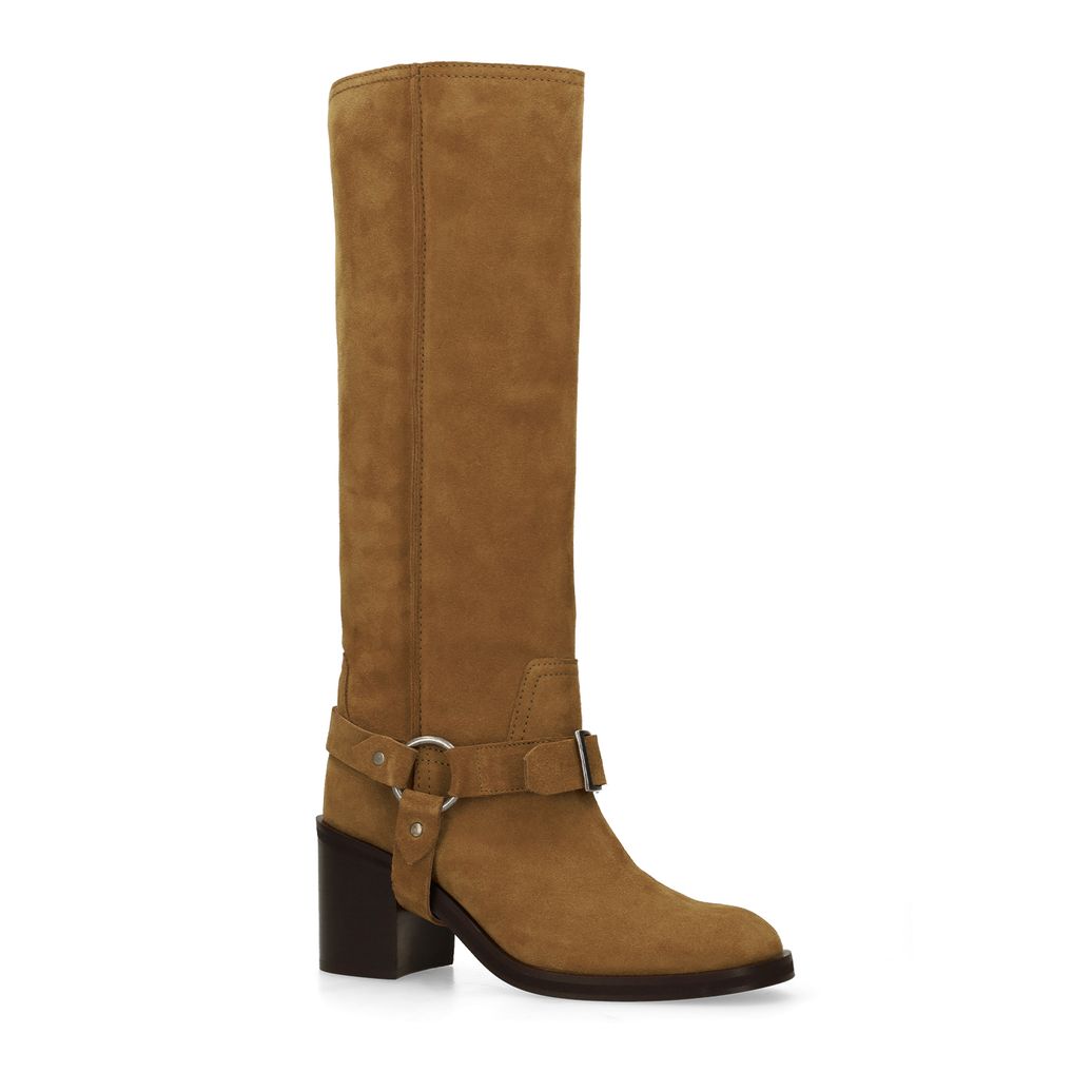 Beigefarbene Biker Boots aus Veloursleder mit Schnalle