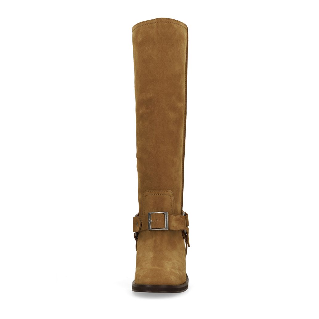 Beigefarbene Biker Boots aus Veloursleder mit Schnalle