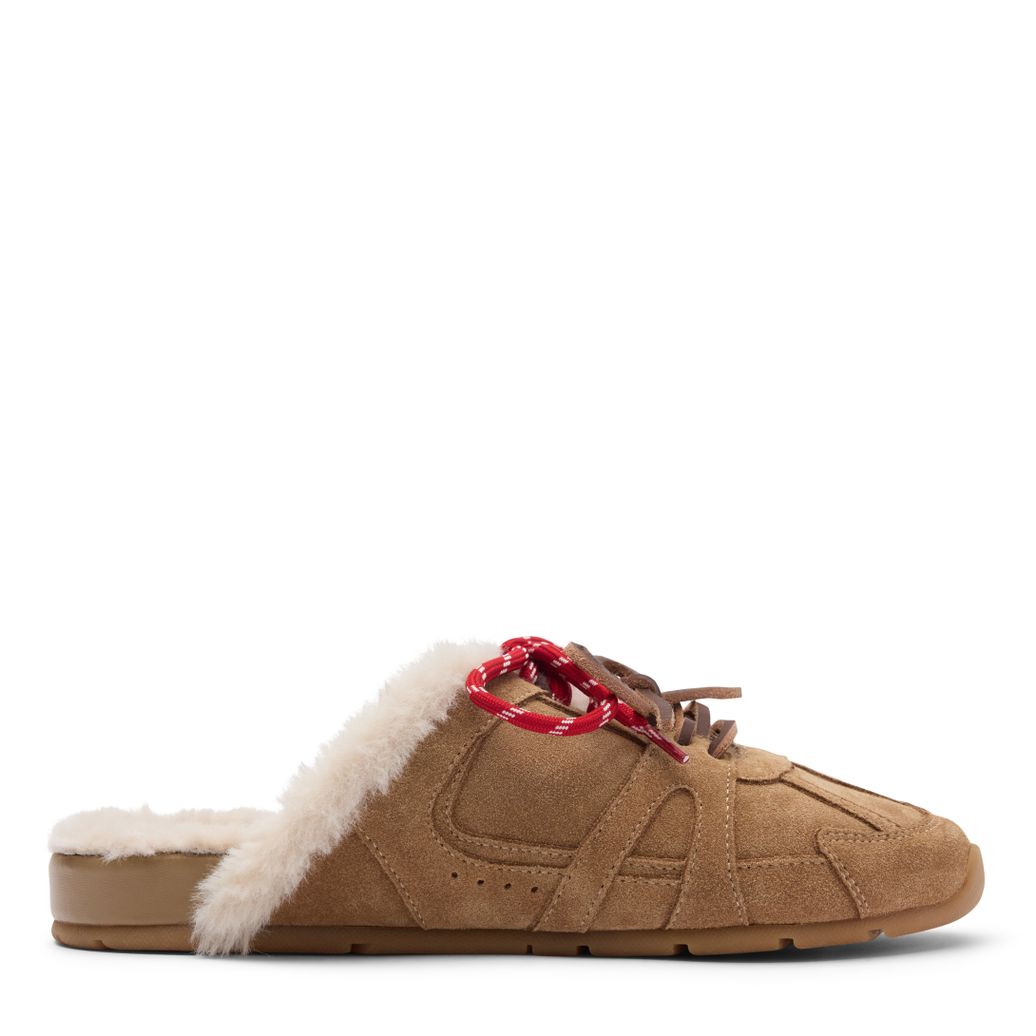 Beigefarbene Sneaker-Mules aus Veloursleder mit Kunstfellfutter