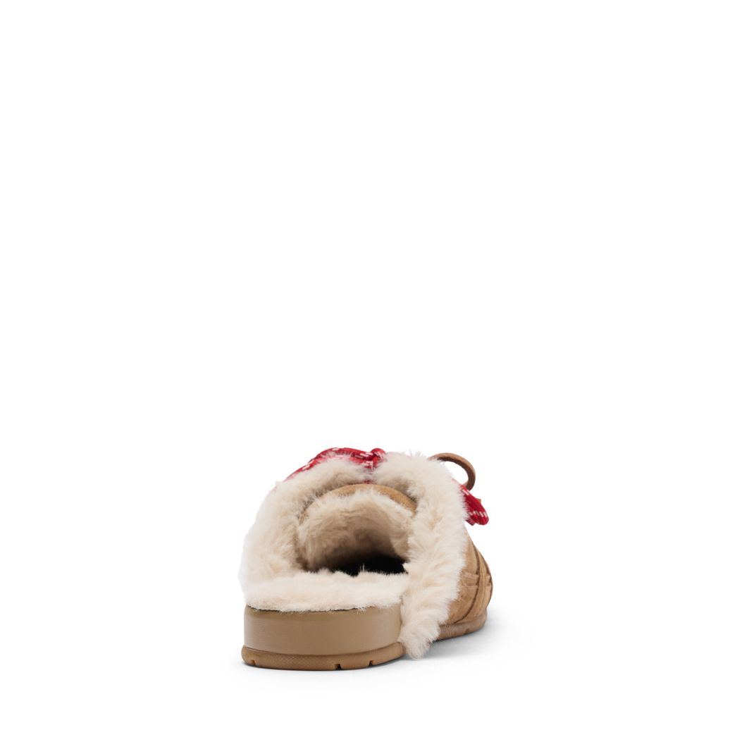 Beigefarbene Sneaker-Mules aus Veloursleder mit Kunstfellfutter