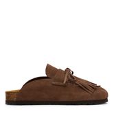 Braune Veloursleder-Clogs mit Fransen