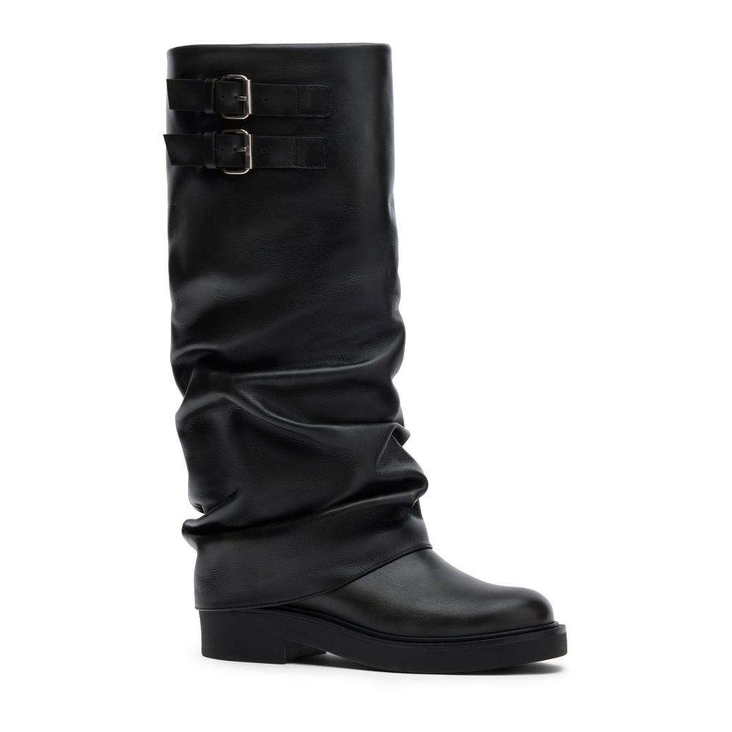 Zwarte leren biker laarzen met flap