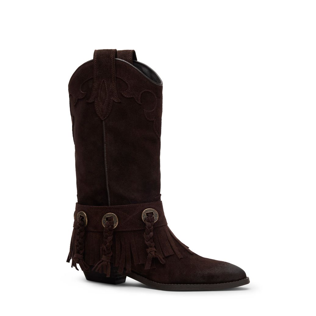 Dunkelbraune Veloursleder-Cowboystiefel mit Fransen